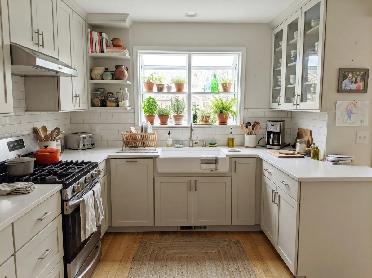 Kitchen shaker cabinets painted Silver Satin with white backsplash and counters.