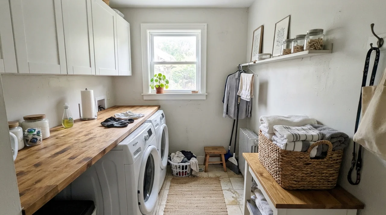 Small bright laundry room with white cabinets, butcher block, and painted walls.