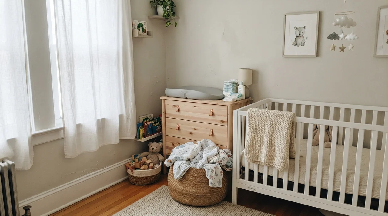 Nursery with painted walls, white crib, and light wood dresser.