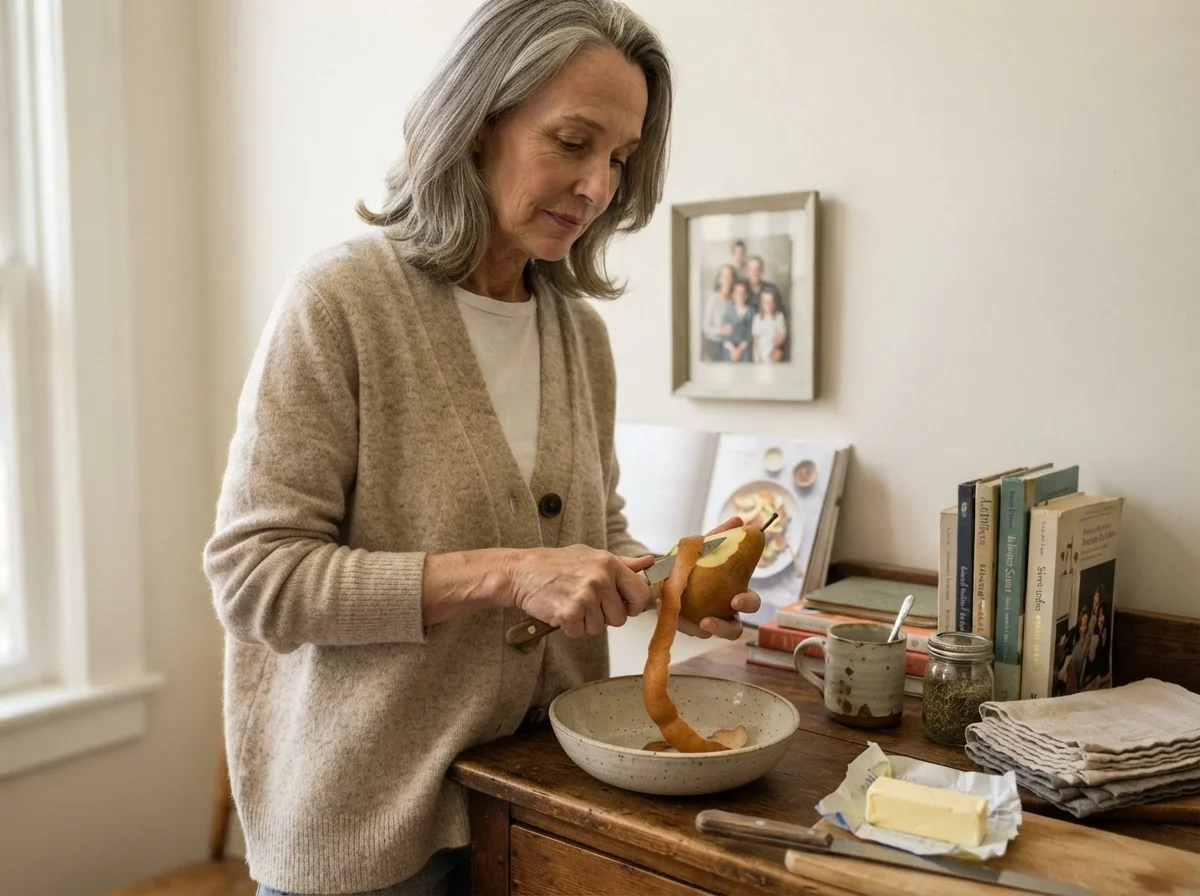 Susan paring a pear at the dining room sideboard against Silver Satin walls.
