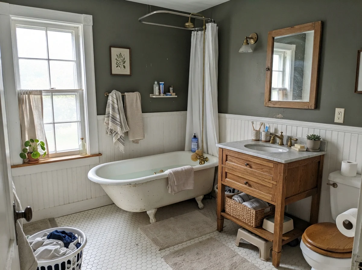 Cottage bathroom with dark green walls, white clawfoot tub, hex tile floor, and oak vanity.