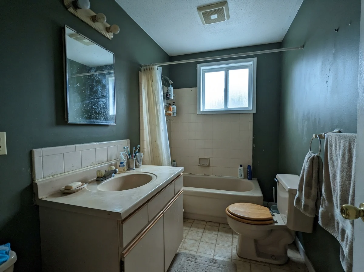 Dated bathroom showing cool cast on dark painted walls beside older beige vanity.