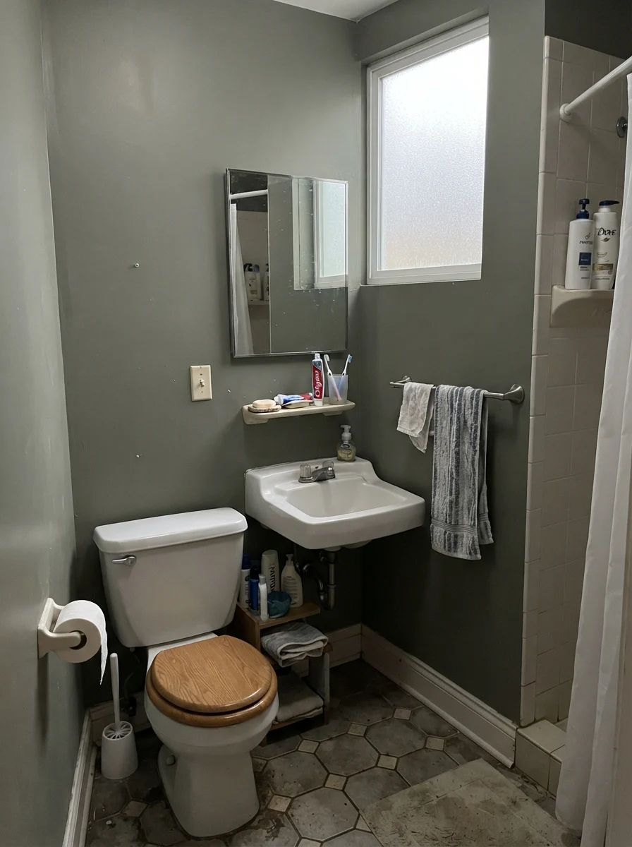 Small bathroom with dark green walls reading muted gray in flat overcast light through frosted window.