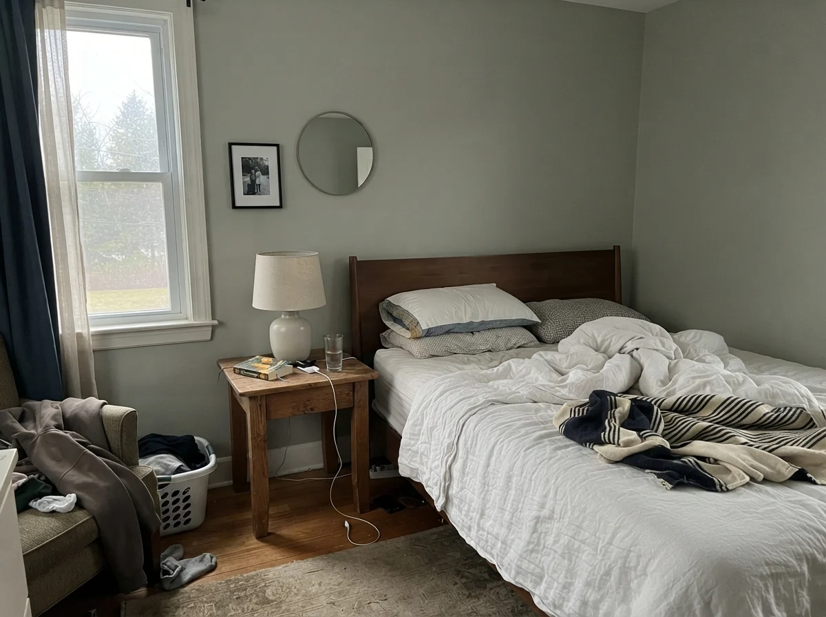 Simple bedroom with unmade white bedding and painted walls looking pale in cool morning daylight.