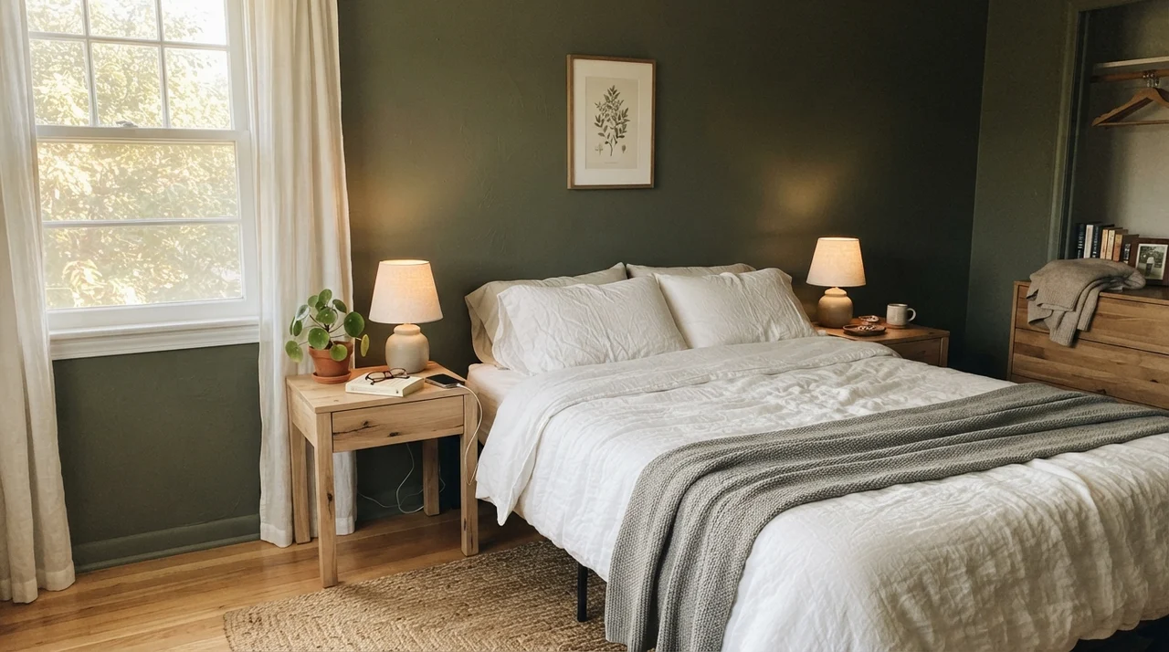 Serene main bedroom with dark olive walls, white linen bedding, and pale oak nightstands.