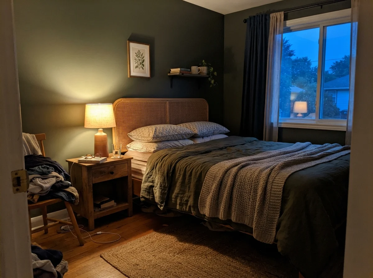 Bedroom at dusk with warm table lamp glowing against dark olive green wall and rattan headboard.