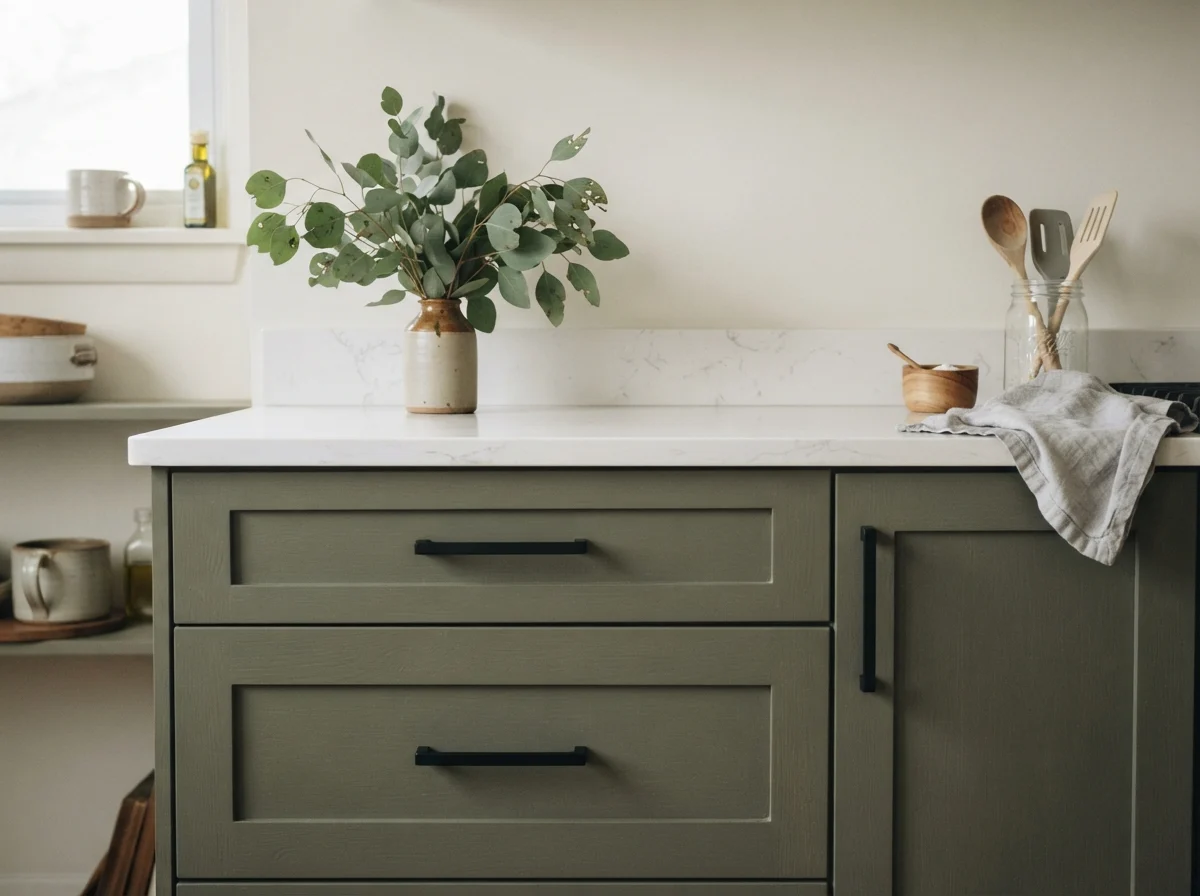 Close-up of dark green shaker cabinets with matte black handles and white quartz counter.