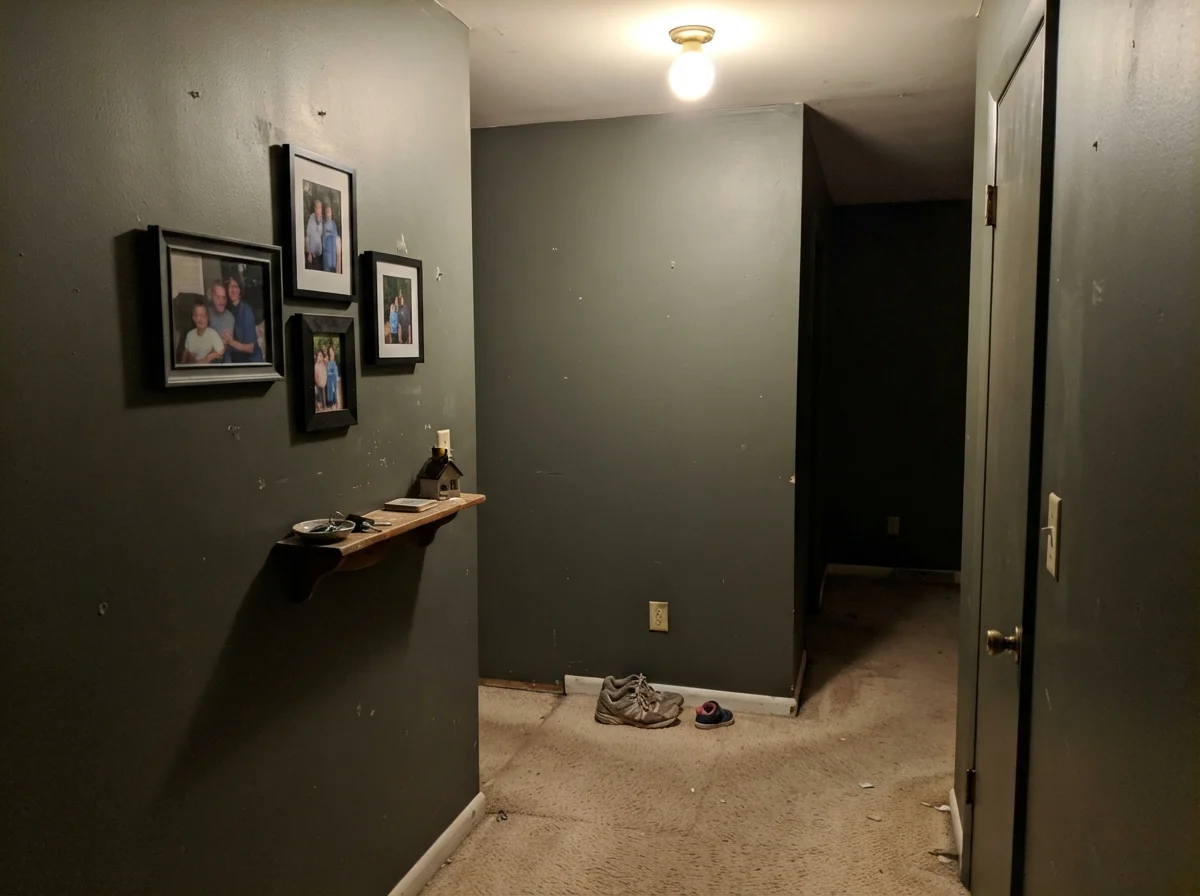 Dim windowless hallway corner showing muddy, flat gray cast on dark painted wall.
