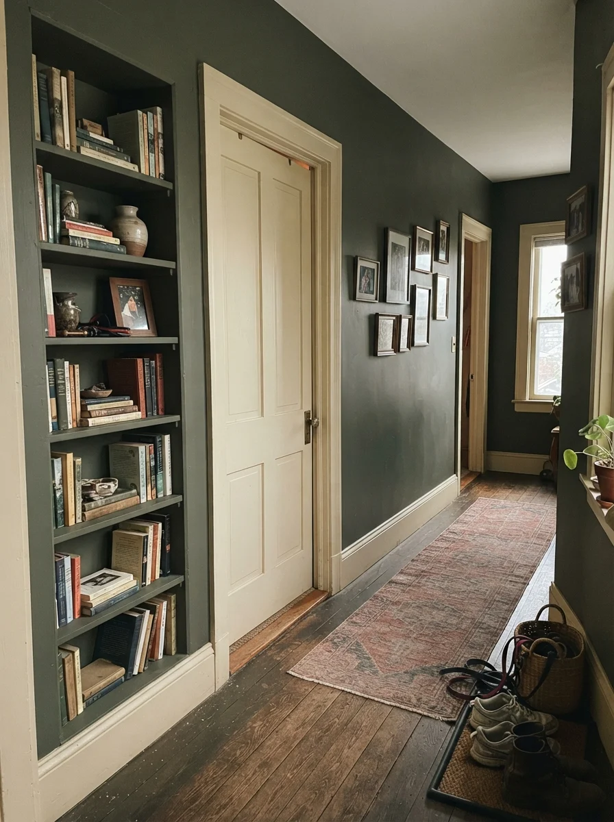 Hallway with dark olive green painted door and built-in bookshelf against cream walls with brass hardware.