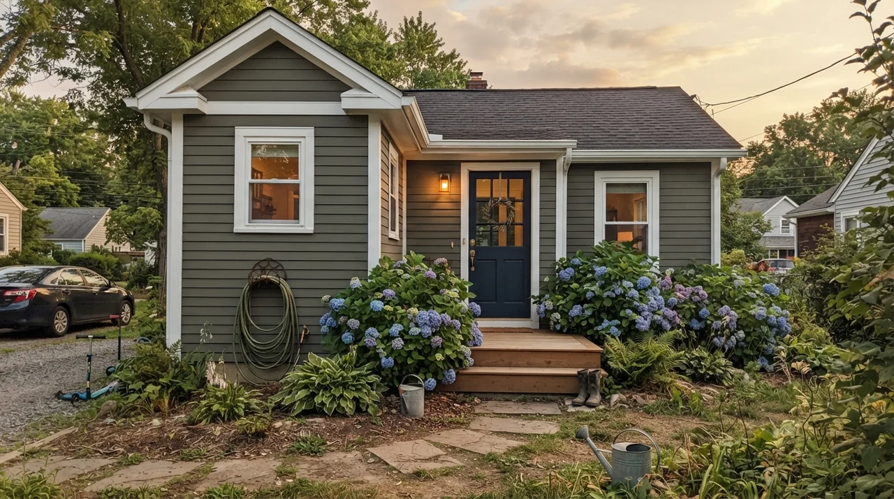 House exterior with dark olive green siding, white trim, and dark navy front door in evening light.