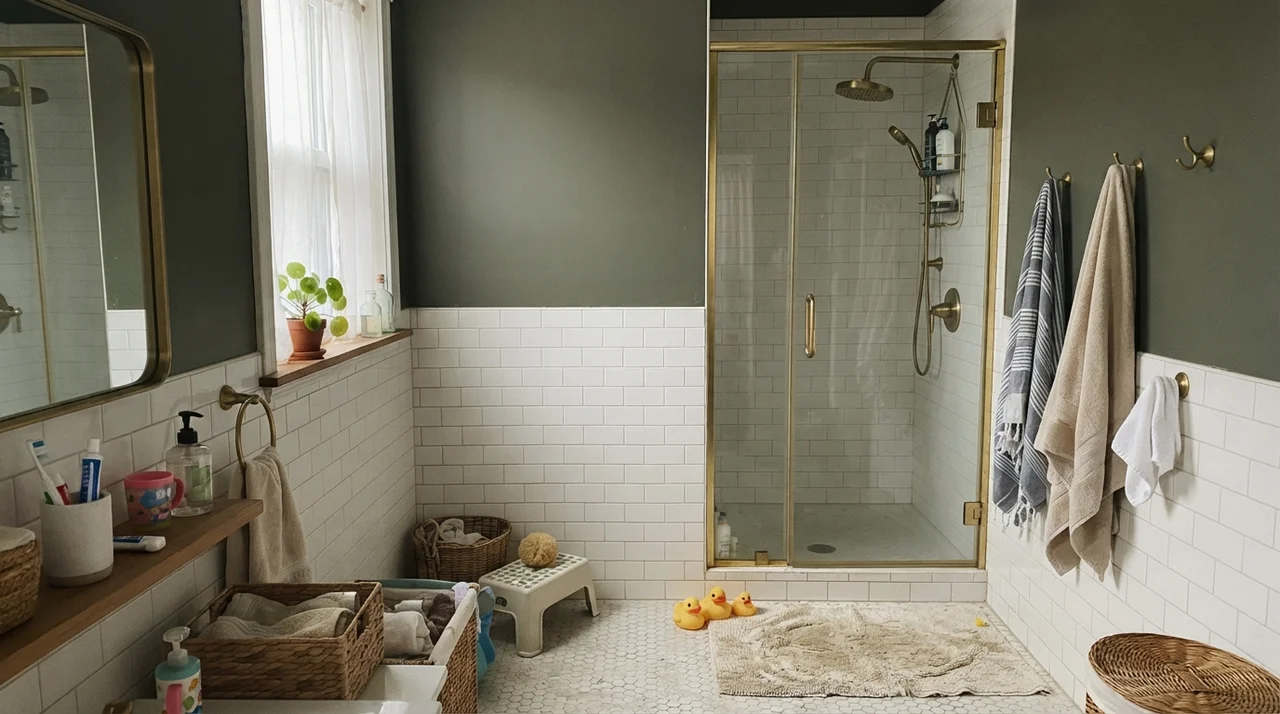 Family bathroom with upper walls painted dark olive green above white subway tile wainscot with brass fixtures.
