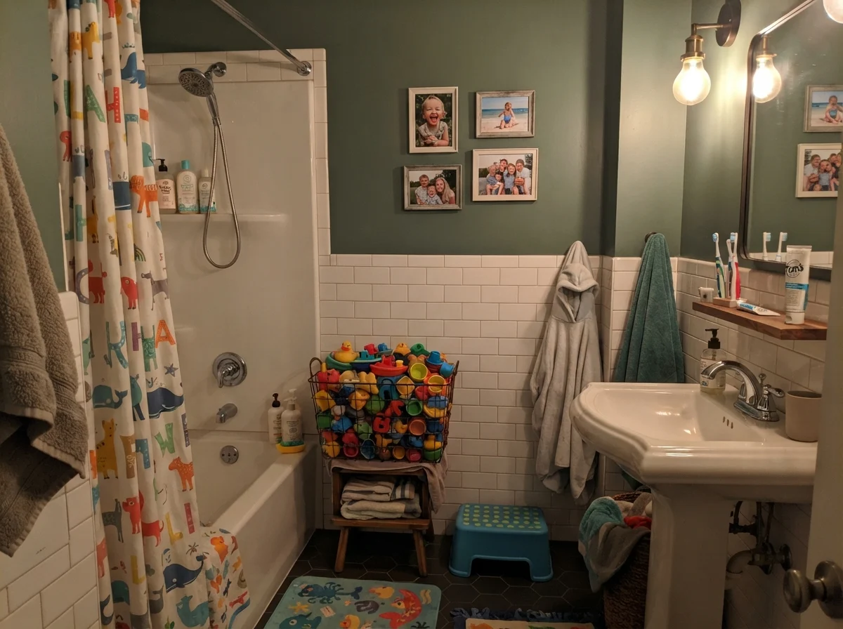 Kids' bathroom with dark green walls above white subway tile, shower curtain, and basket of bath toys.