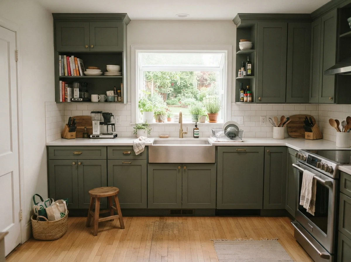 Kitchen with shaker upper and lower cabinets painted dark olive green with white subway tile and oak floors.