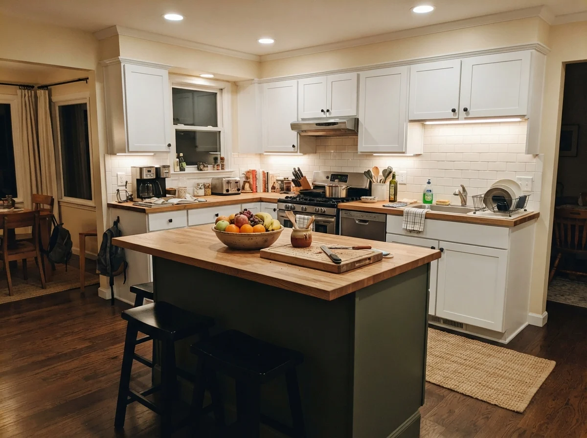 Family kitchen with dark green painted island, white perimeter cabinets, and warm evening lighting.