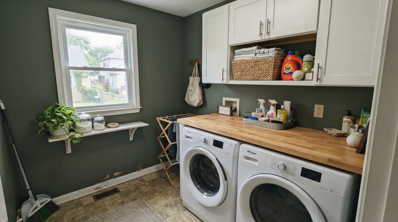 Small bright laundry room with dark green walls, white cabinets, butcher block counter, and washer dryer.