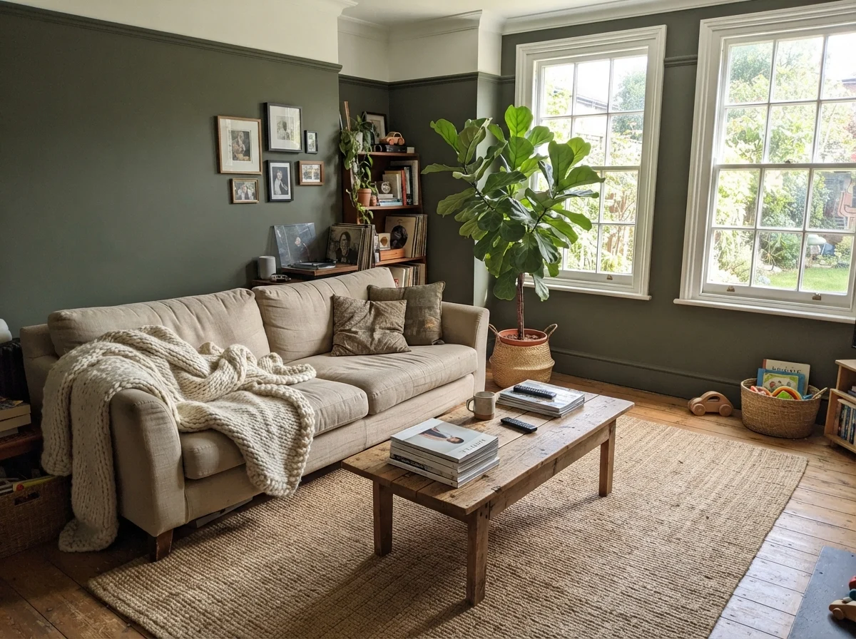Living room with generous midday sun, painted dark green walls, linen sofa, jute rug, and wood coffee table.