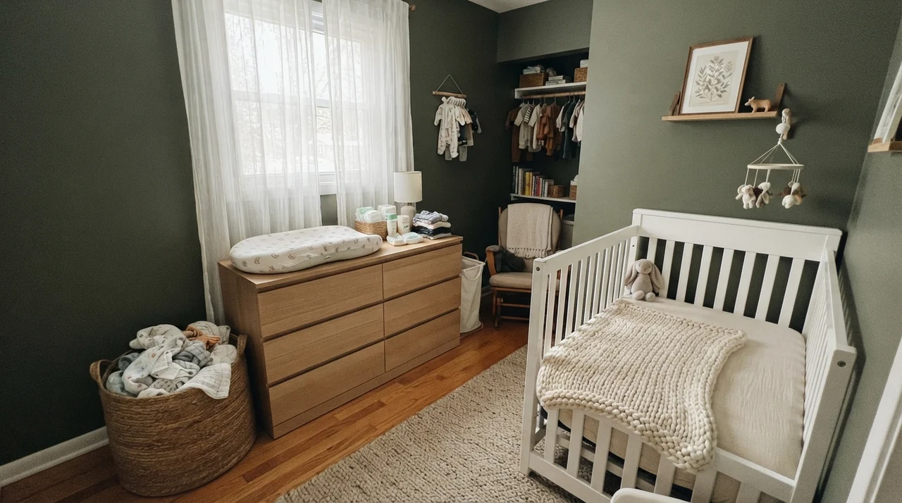 Nursery with dark green painted walls, white crib, light wood dresser, and woven basket.