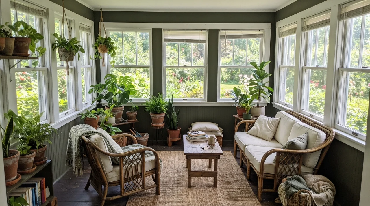 Bright sunroom with dark green painted walls between white windows, rattan furniture, and potted plants.