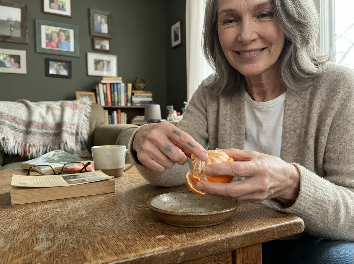 Susan Hartley at a rustic side table against dark olive green living room walls.