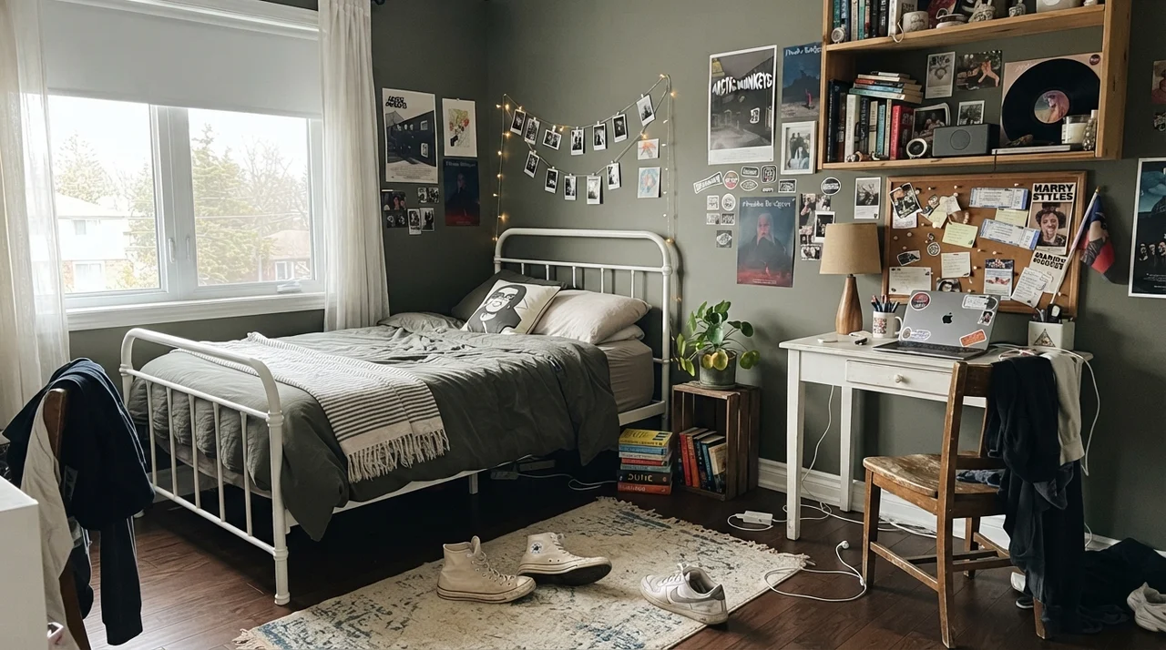 Teenager's bedroom with dark green walls, white metal bed frame, and desk.