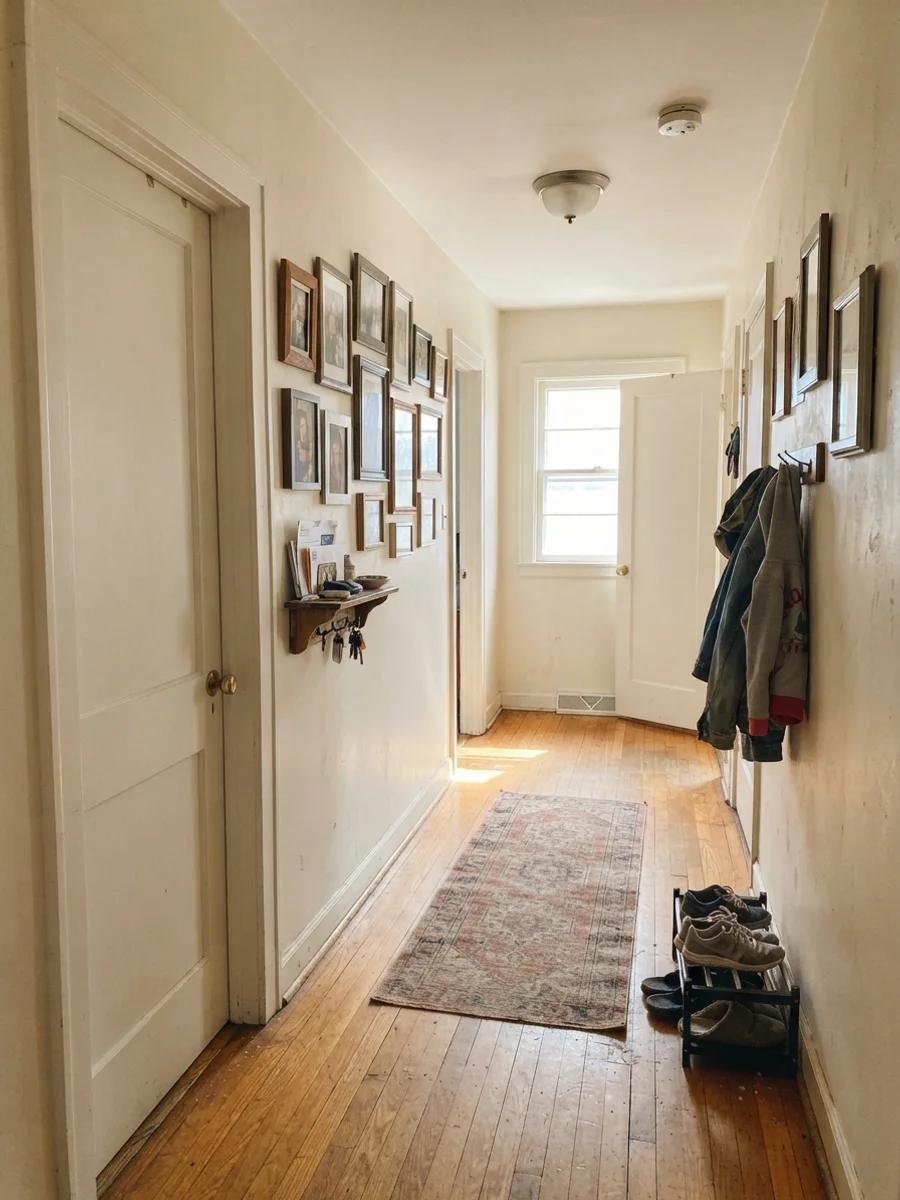 The hallway. Alabaster on every stick of trim. The safe answer, chosen on purpose.