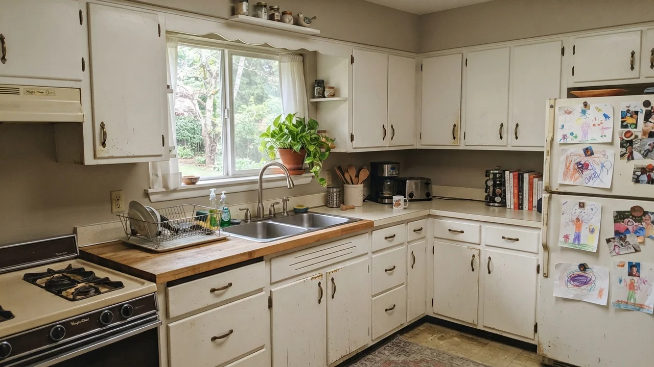 The kitchen. Revere Pewter over cabinets we keep saying we’ll replace. Diary coming.