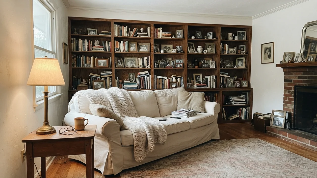The living room. White Dove overhead, books everywhere, one very good lamp.