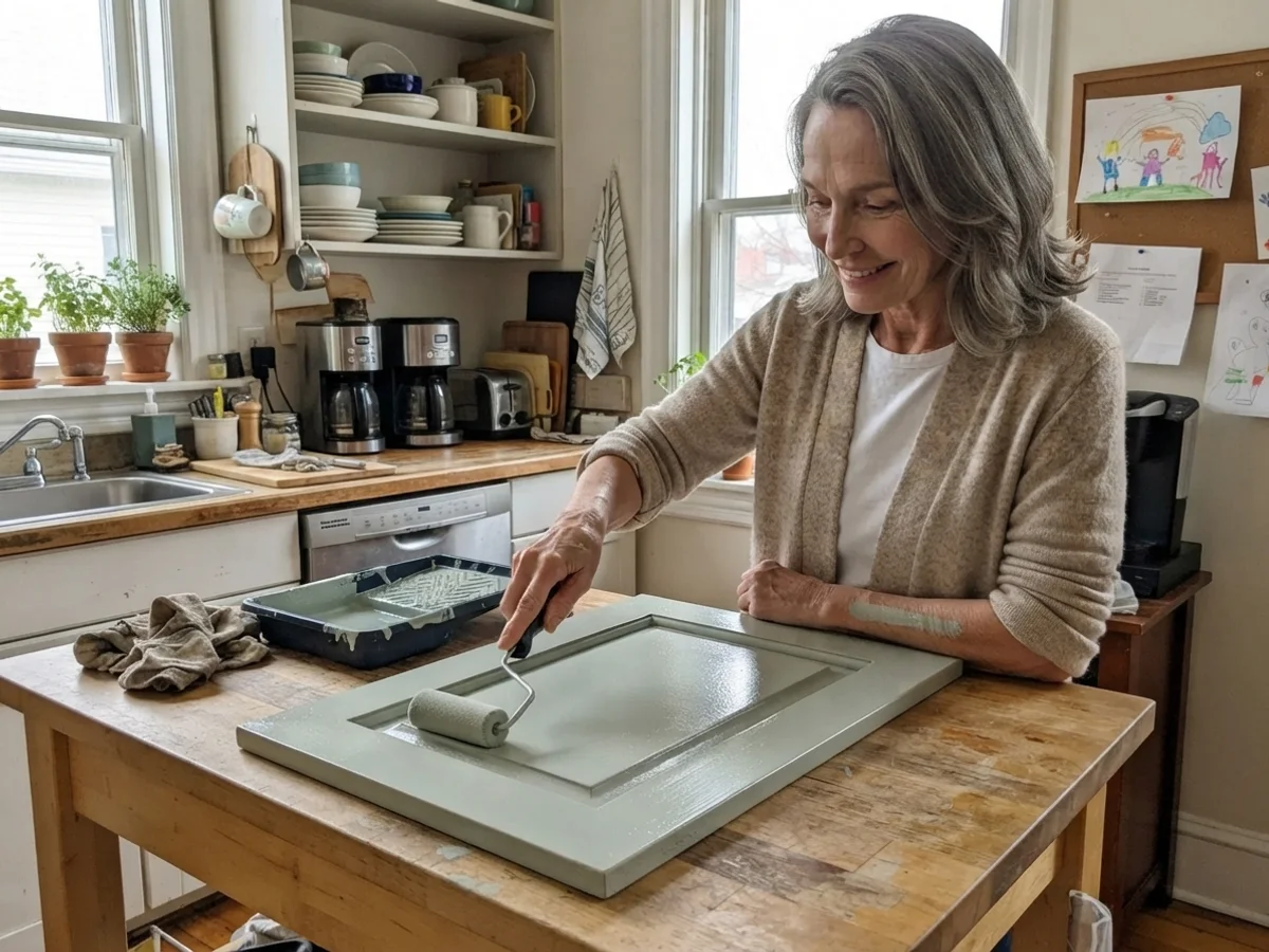 Susan Hartley working with paint in the kitchen