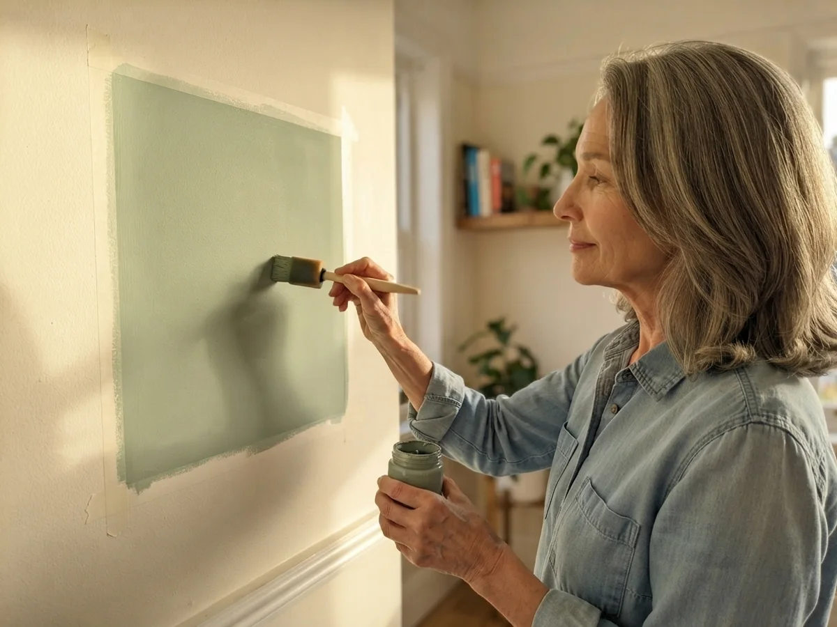 Susan Hartley brushing a paint sample square onto her wall