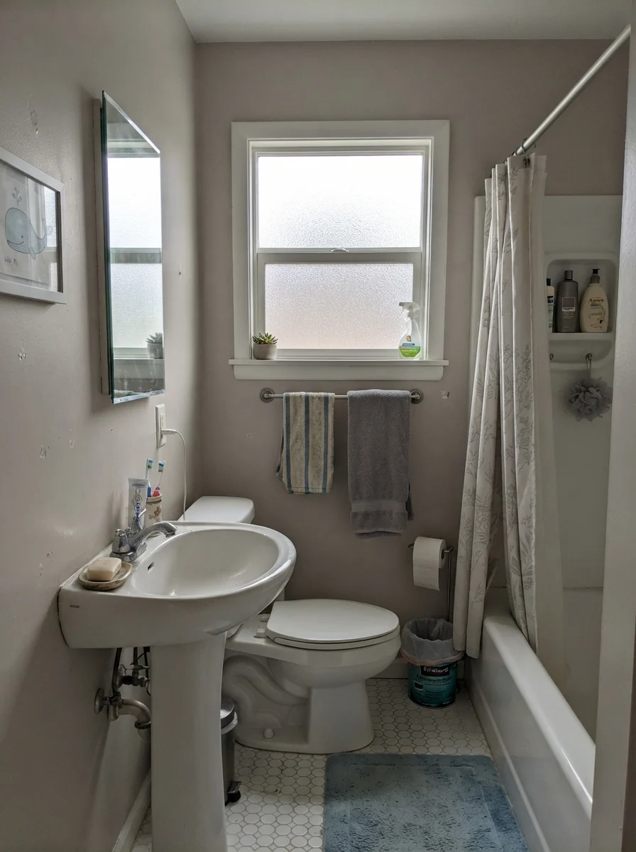 Bathroom with City Loft walls under flat overcast light