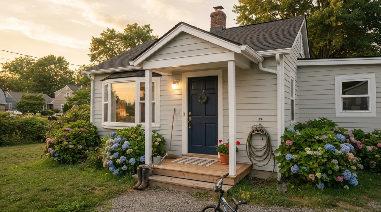 House exterior with horizontal siding painted in City Loft and white trim
