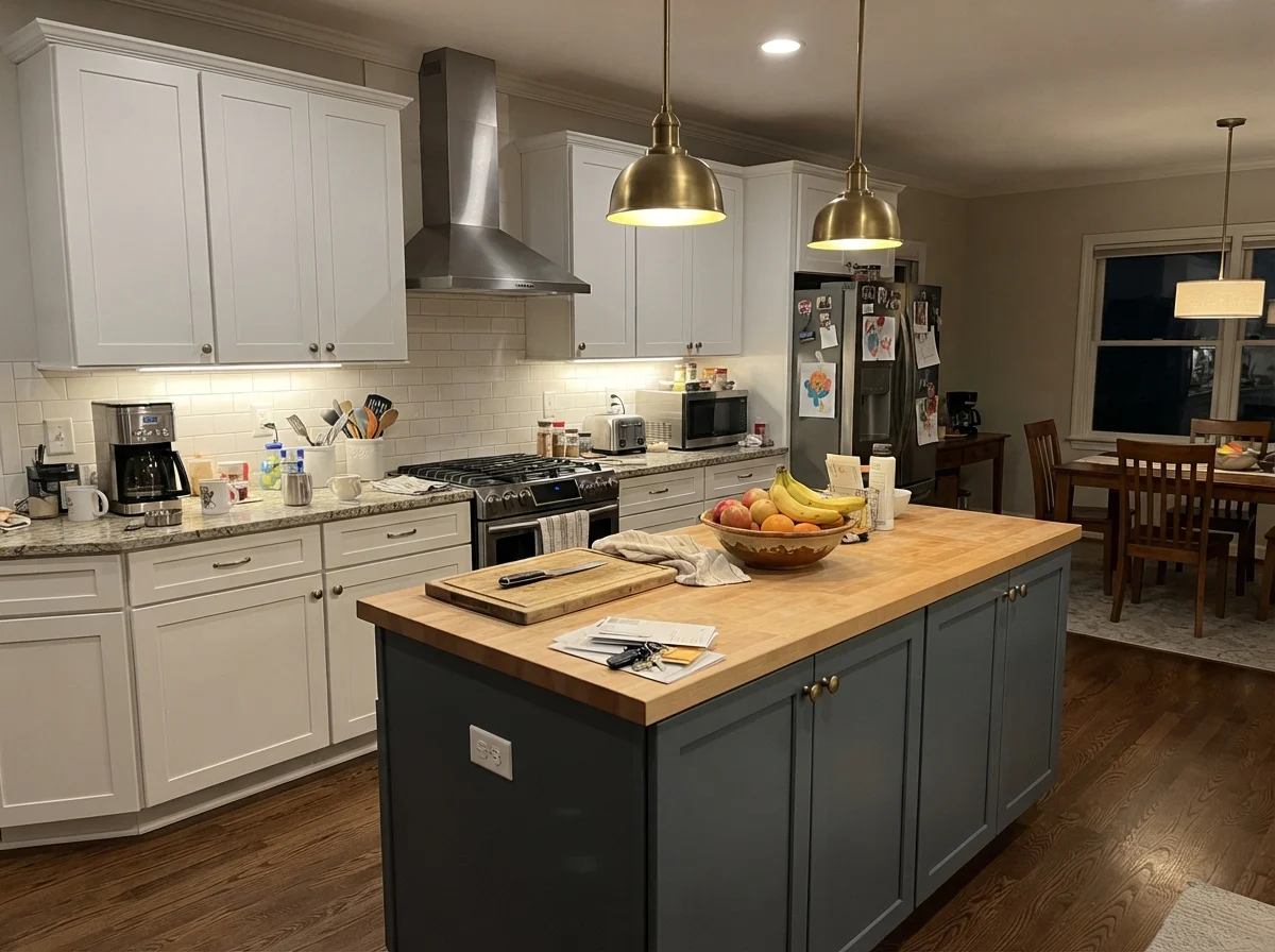 Kitchen with City Loft painted island surrounded by white cabinets