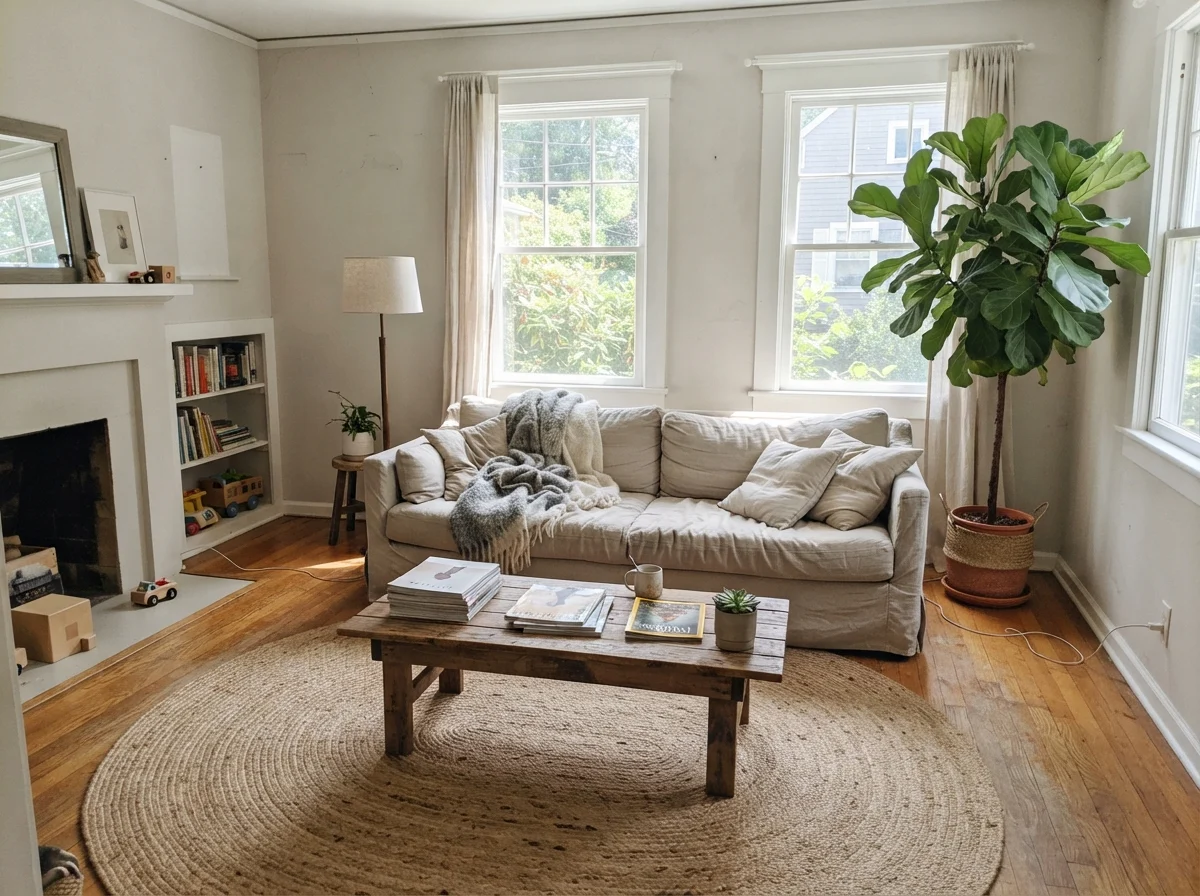 Living room filled with direct midday sun showing City Loft warming up