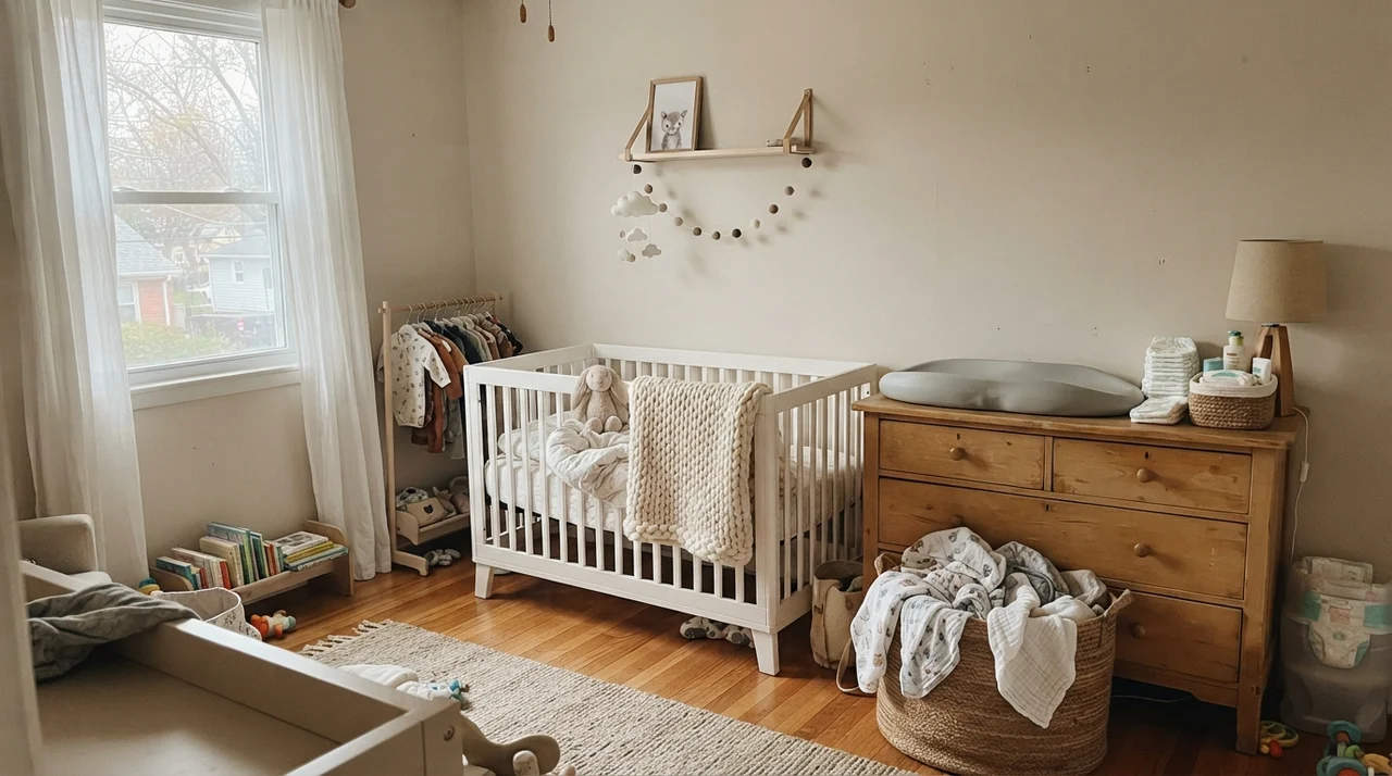 Nursery featuring City Loft walls, white crib, and light wood dresser