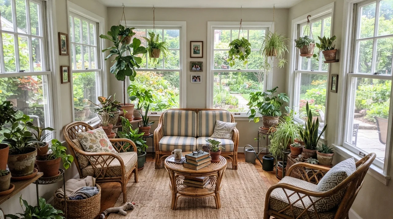 Sunroom with City Loft walls between large white-framed windows