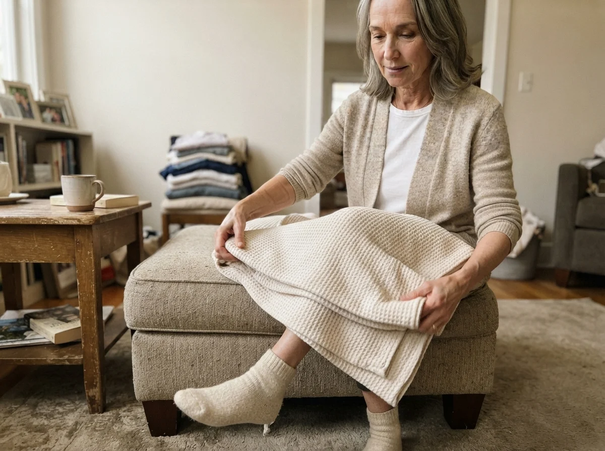 Susan folding laundry on an ottoman in a room with City Loft walls