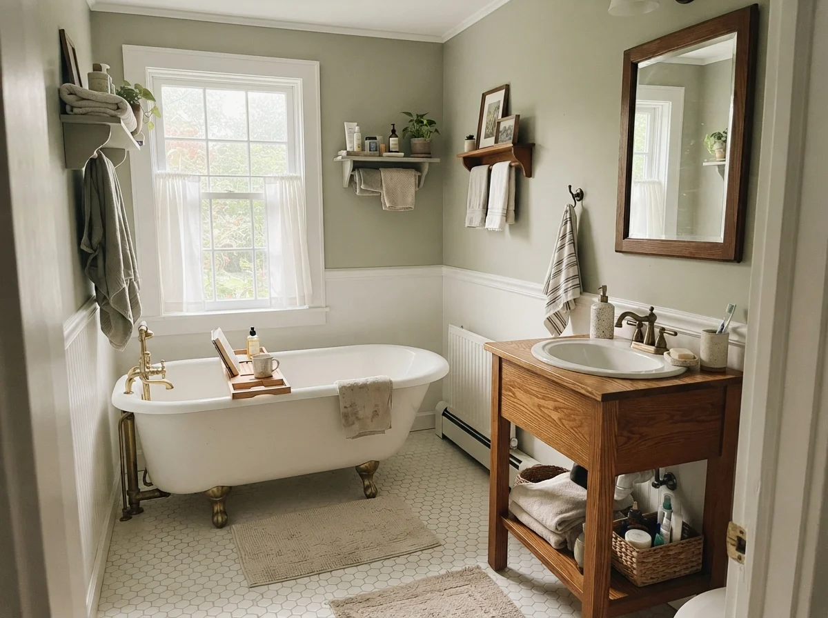 Cottage bathroom with Clary Sage walls, clawfoot tub, white hex tile, and warm oak vanity in morning light.