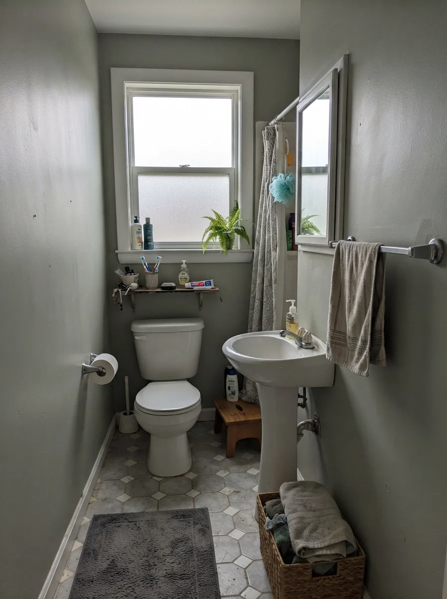 Small bathroom showing Clary Sage walls looking muted and grayish under flat overcast light through frosted glass.
