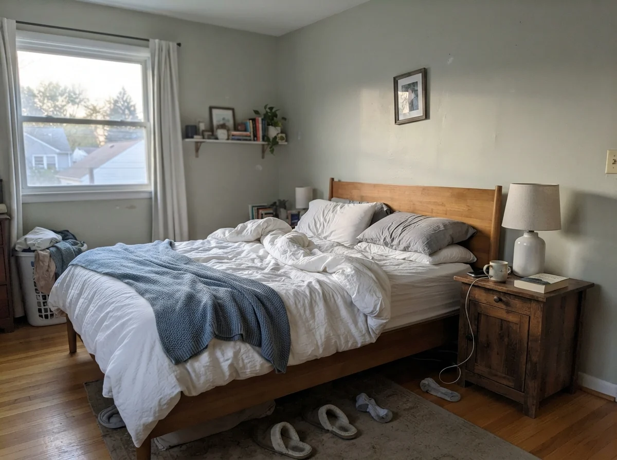 Bedroom with unmade white bedding and pale oak nightstand showing Clary Sage walls looking washed out in early morning daylight.