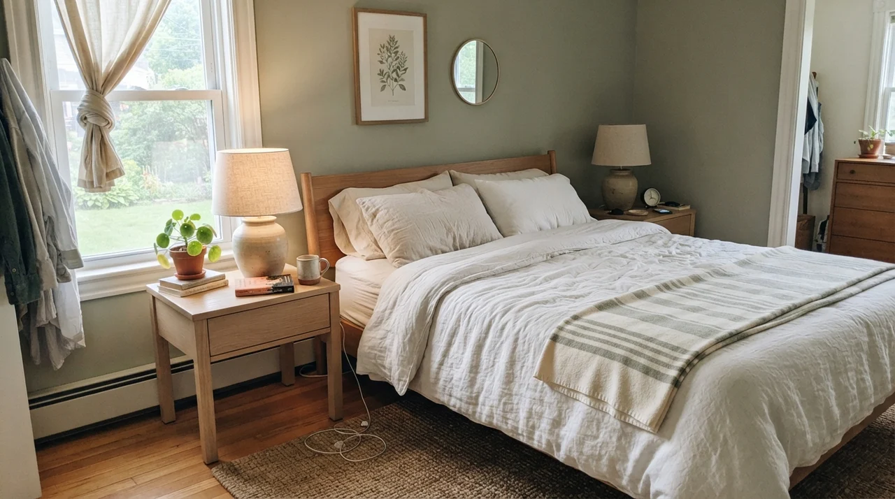Serene main bedroom with Clary Sage walls, white linen bedding, pale oak nightstands, and ceramic lamps in side daylight.