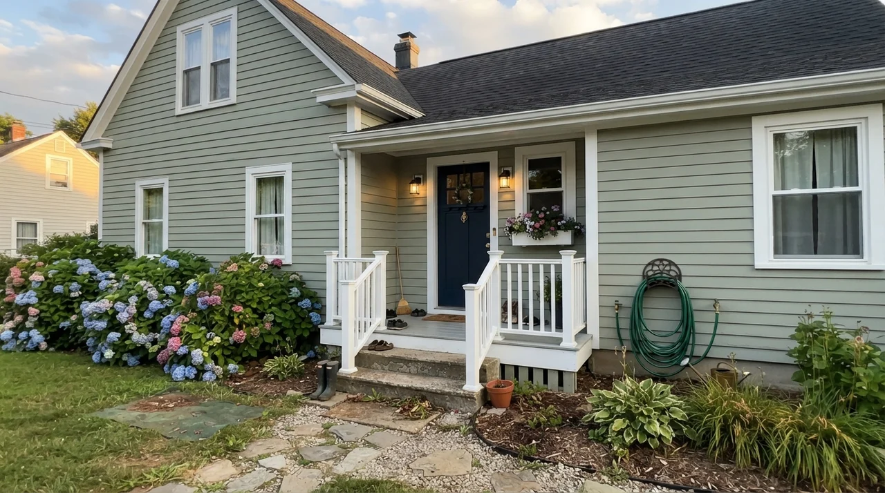 House exterior with Clary Sage horizontal siding, white trim, navy front door, and hydrangeas in evening light.