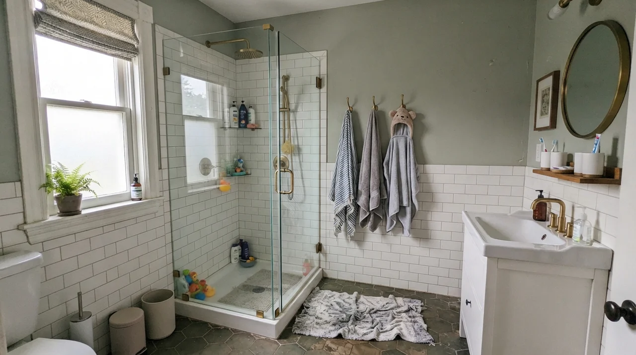 Family bathroom with Clary Sage painted upper walls, white subway tile wainscot, brass shower fixtures, and soft warm window daylight.