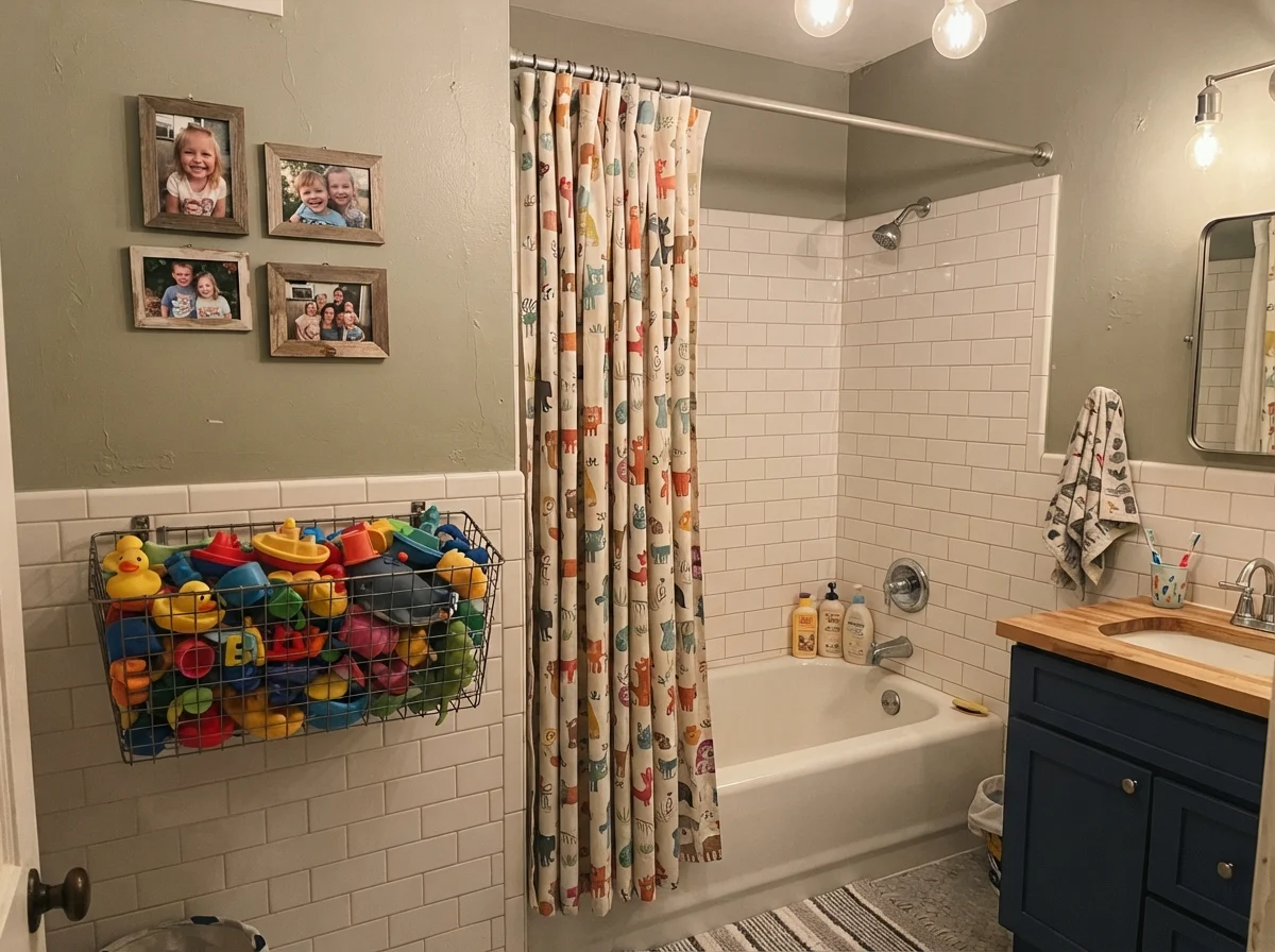 Kids' bathroom with Clary Sage walls above subway tile, bath toys in a wire basket, and warm evening lighting.