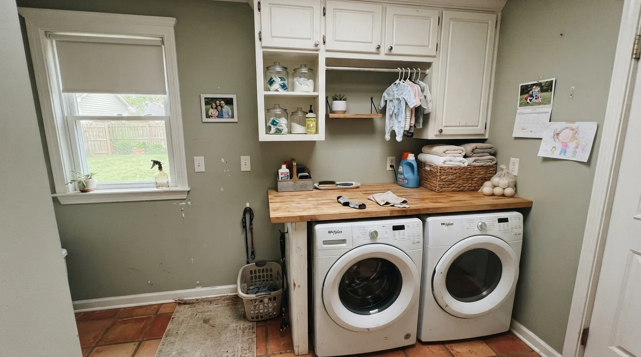 Bright laundry room with Clary Sage walls, butcher-block counter, white cabinets, and a basket of towels.