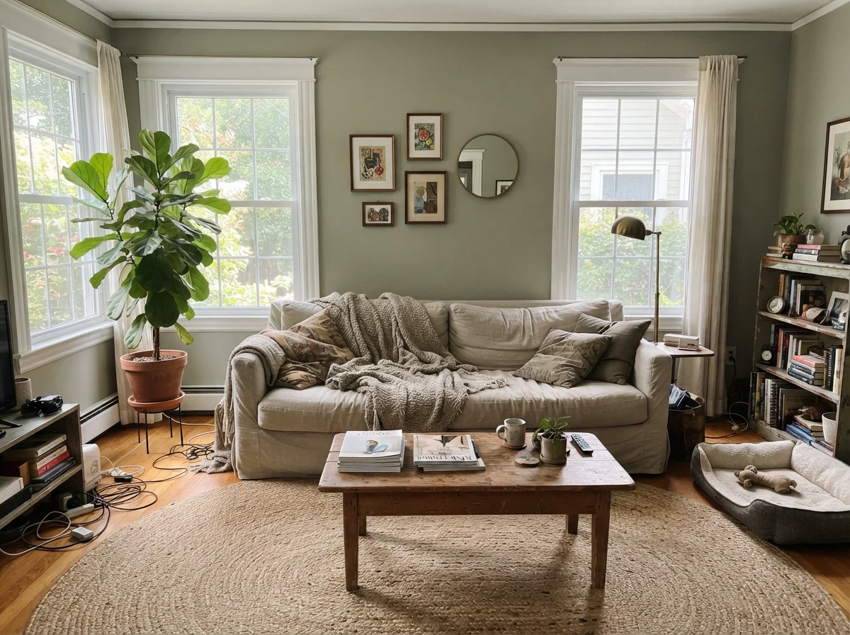 Living room with Clary Sage walls, linen sofa, wood coffee table, and jute rug in strong natural midday sunlight.
