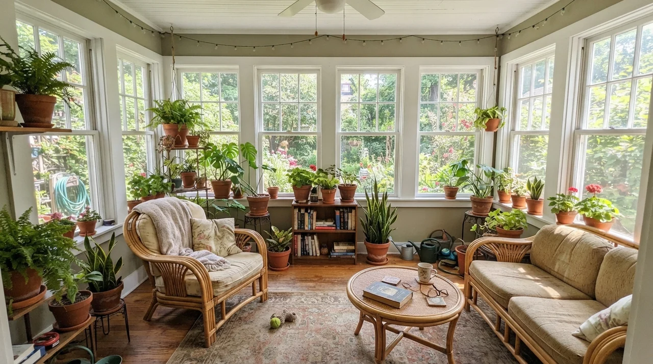 Sunroom with Clary Sage walls between white windows, rattan furniture, and terracotta pots in bright garden light.