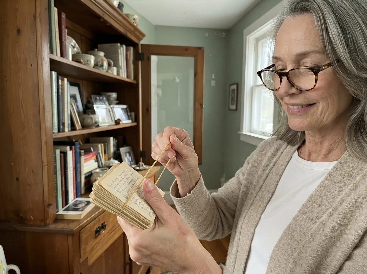 Susan Hartley sorting recipe cards beside a hallway hutch with Clary Sage walls in warm afternoon light.