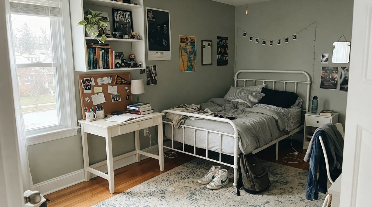 Teenager's bedroom with Clary Sage painted walls, white metal bed, desk, and open shelves under bright window light.