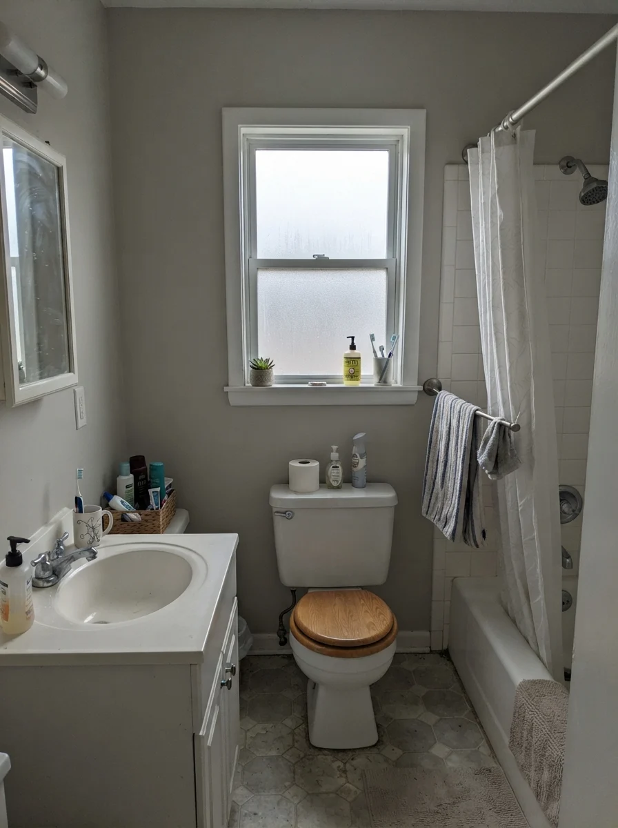 Small bathroom showing muted gray painted walls under overcast light with white fixtures.