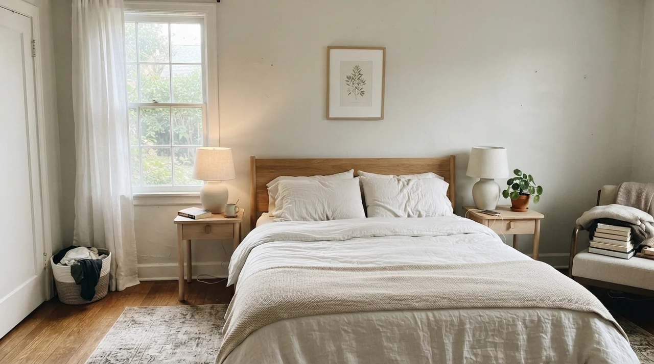 Serene main bedroom with pale oak nightstands, white linen, and softly painted walls.